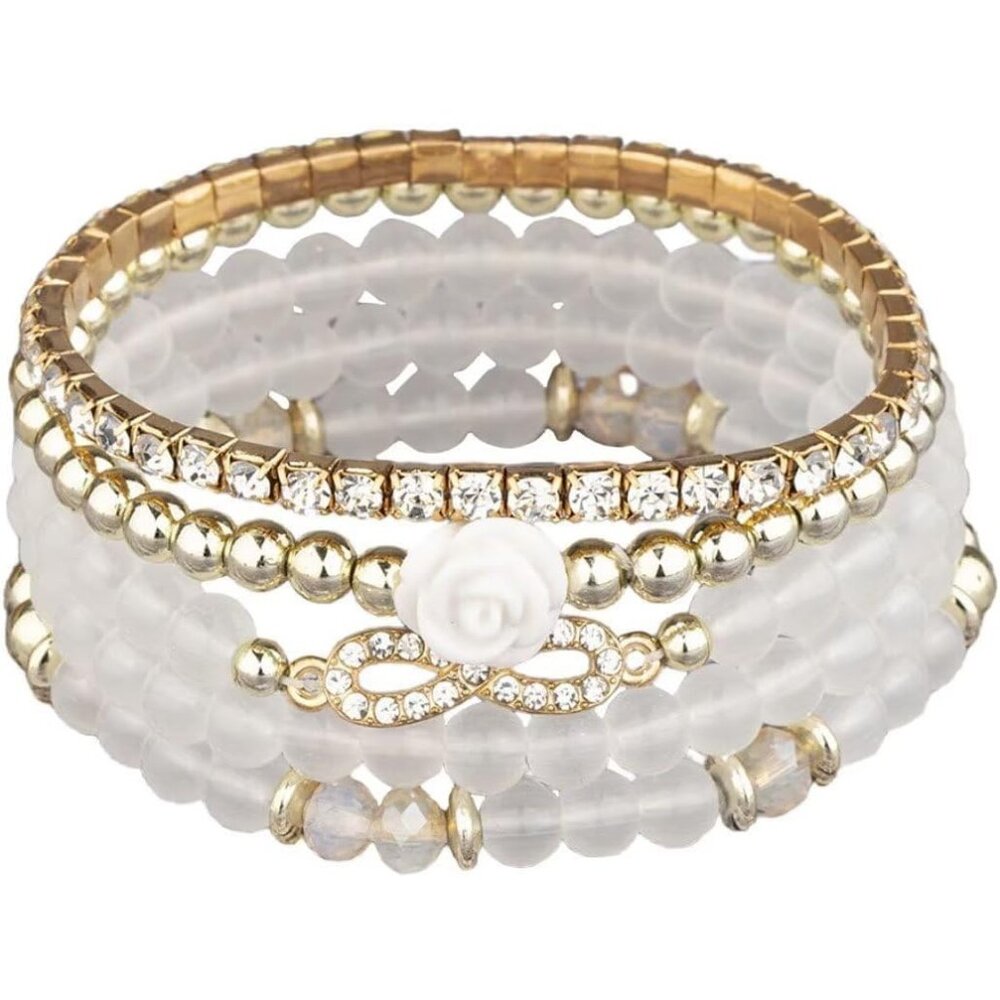 〽️Women's Beige Set of 4 Cute Flower Charm Bohemian Jewelry Stretch Bracelet Set